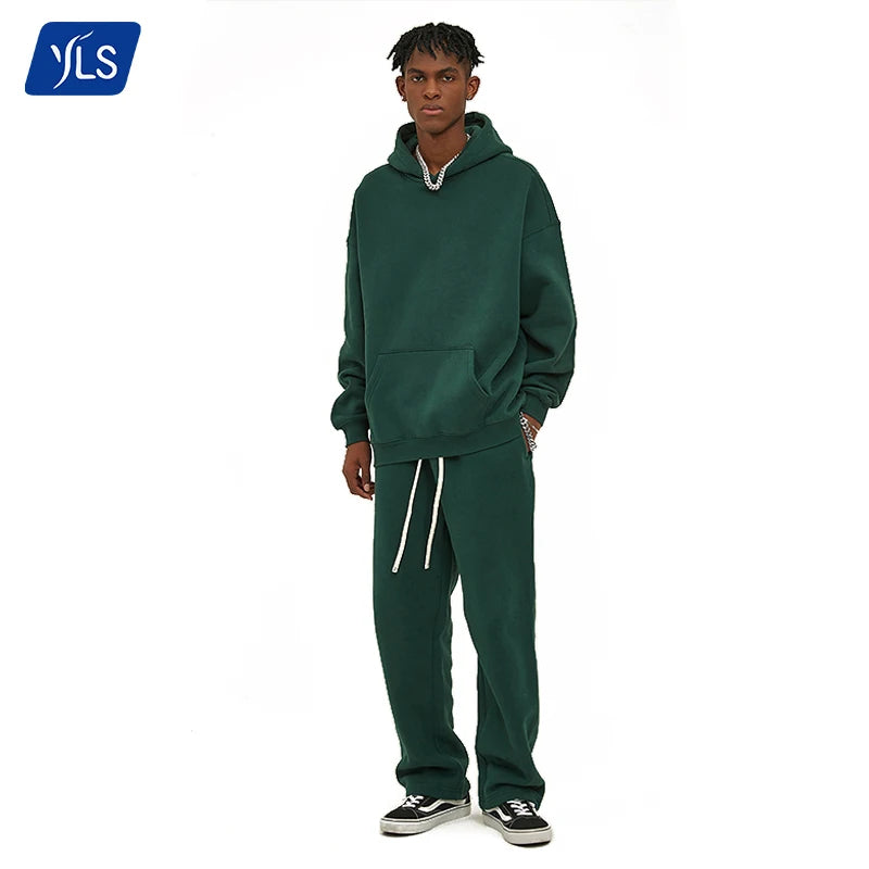 YLS High Quality Custom Logo Two Piece Suits Solid Color Plain Tracksuit Stringless Hoodie Men Oversized Sweatsuit Sets