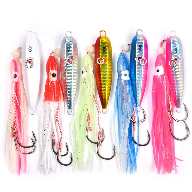 Effective Bionic Squid Jigging Metal Lure Iron Plate Luminous Sea Freshwater Fishing Trout Bass Salmon Tilapia Lake Stream