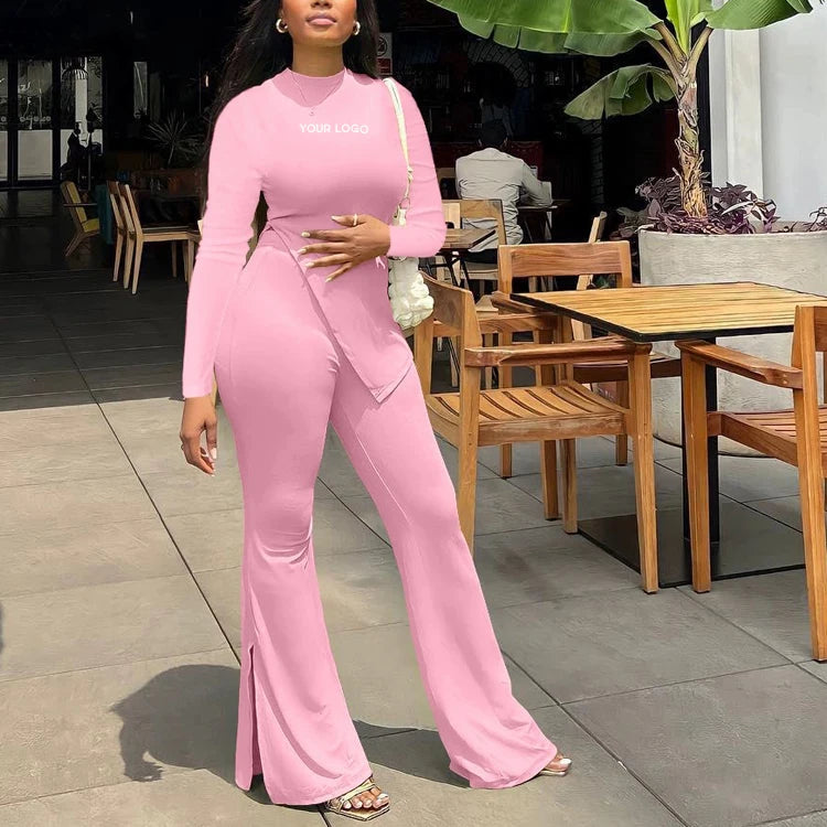 Custom Loungewear Two Piece Set Women Clothing Asymmetrical Top and Flare Pants Tracksuit for Casual Clubwear Y2k Women's Sets