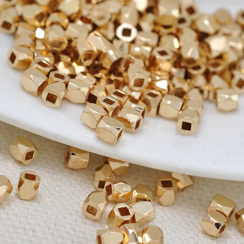 Fashion Brass DIY Bracelet Necklace Design Bead Wholesale Copper 24K Gold Plated Irregular Cut Face Square Hole Copper Bead