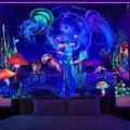 Bohemian Psychedelic UV Reactive Skull Astronaut Wall Tapestry Hippie Mushroom Hanging Eco-Friendly Polyester Black Light Glow
