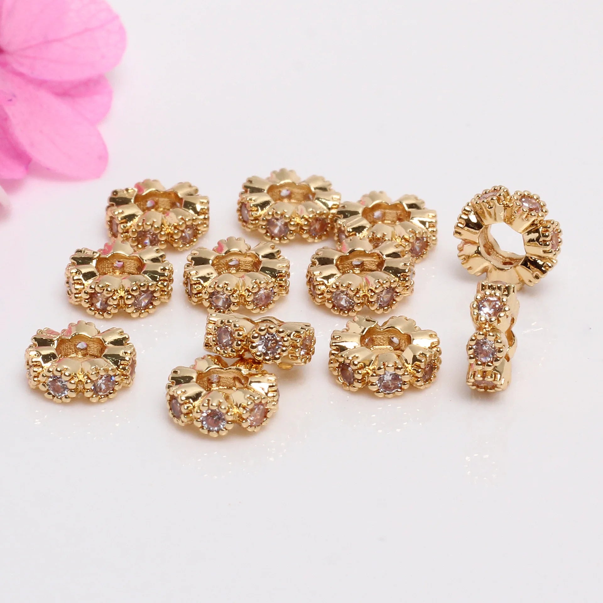Handmade Micro Pave Zircon Round Charm Separator Brass Spacers Big Hole Beads for Beadwork Jewelry Craft Making
