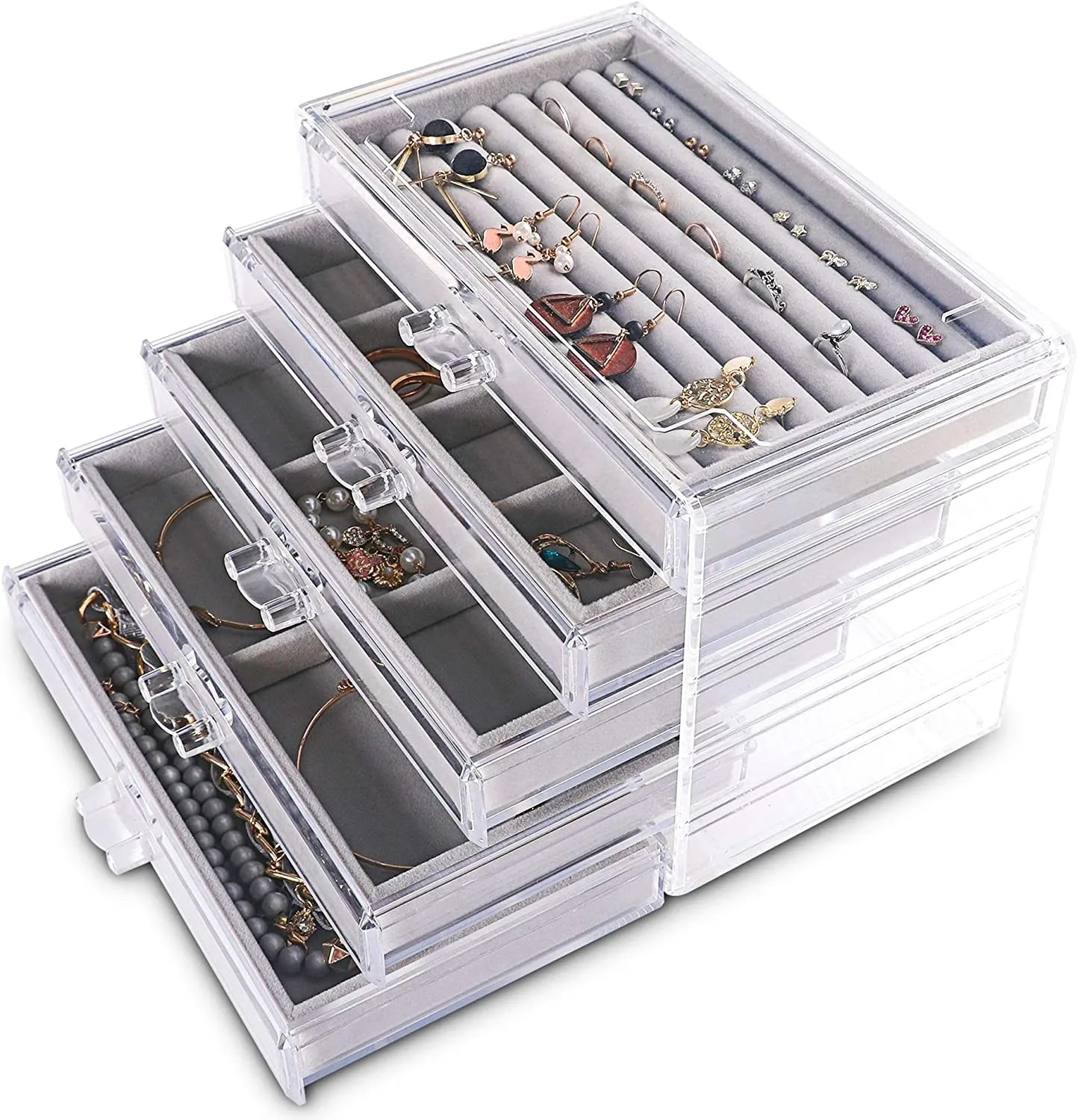 5-Layer Extra-Large Acrylic Jewelry Organizer Transparent Women's 5-Drawer Ring Display Box Velvet Earrings Neckla Storage Paper