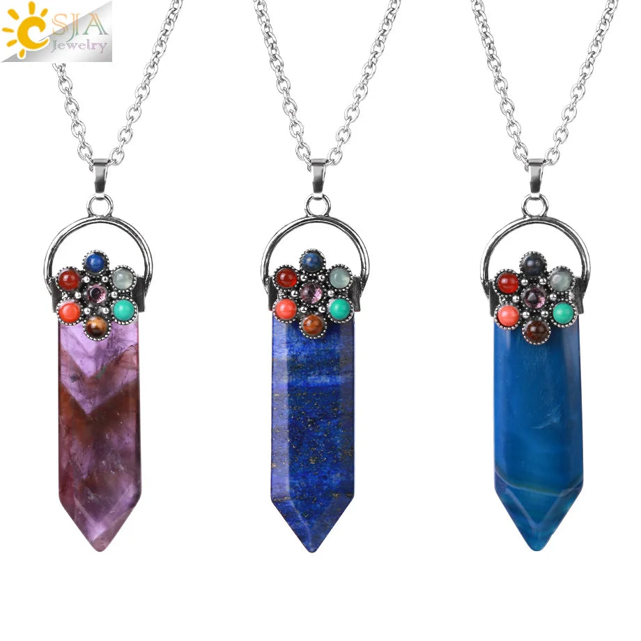 CSJA Wholesale Healing 7 Chakra Natural Amethyst Amulet Energy Sword Crystal Jewelry Pendant Necklace H034