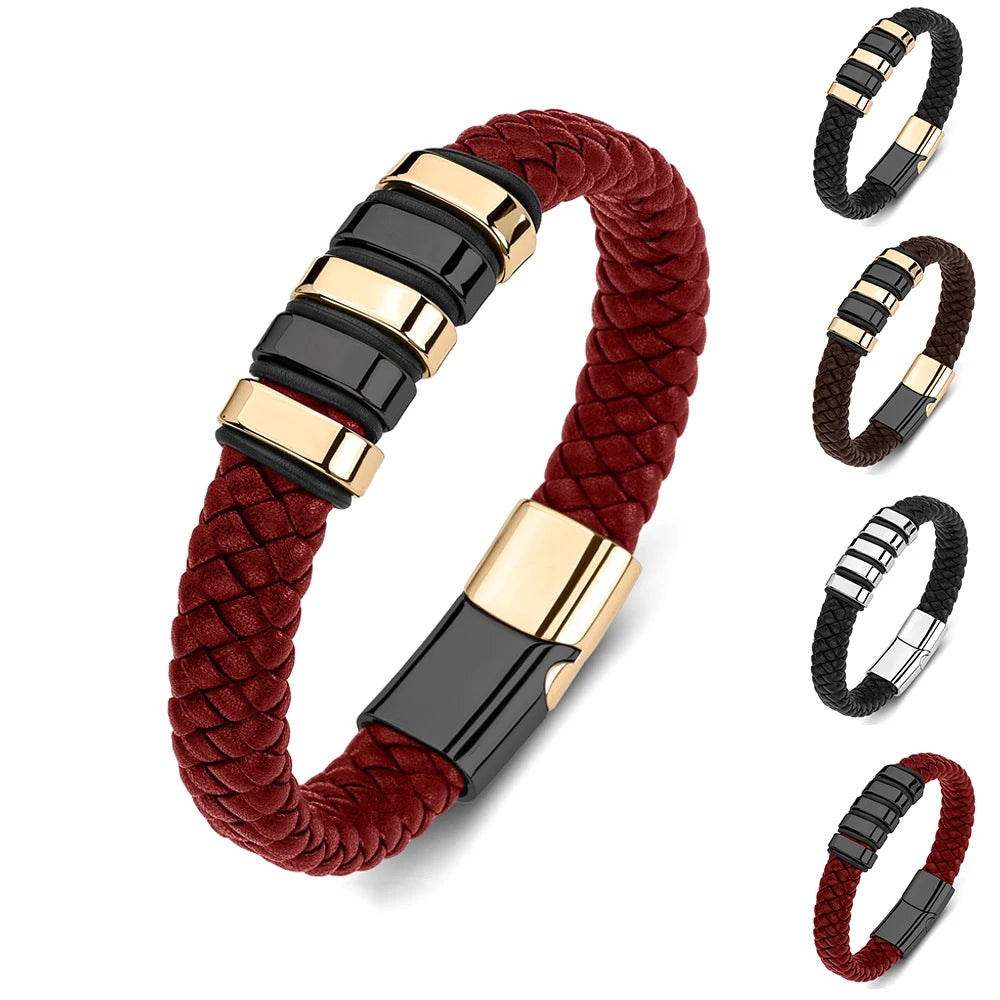 Luxury Punk Style Stainless Steel Wrist Bracelets for Men Girls Red Faux Leather Magnetic Clasp Pearl Rope Friendship Gift Idea