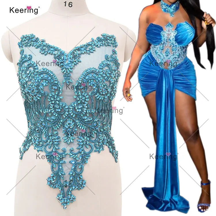 WDP-295 Fashion Crystal Rhinestone Applique Bodice Sew-on Jewelry Lace Patch Bridal Gown V Neck Robe for Marry Wedding Dresses