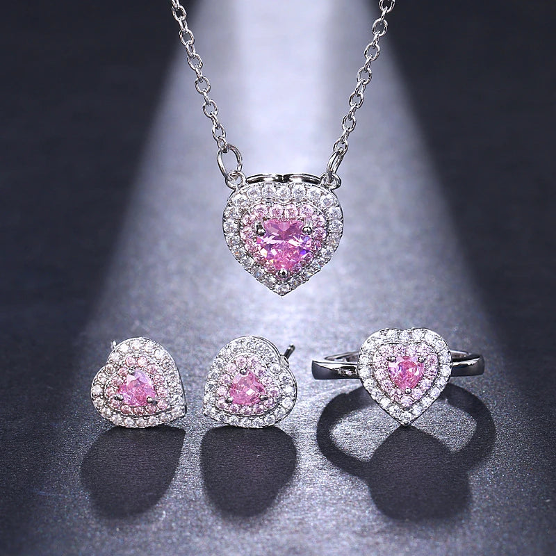 Tiktok New Wedding Bridesmaid Jewelry Shiny Zircon Necklace Ring Earring Luxury Heart Bridal Jewelry Set for Women