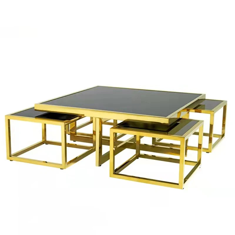 5 Pces of Set Modern 1+4 Coffee Table Basse Gold Metal Stainless Steel Frame Living Room Furniture Square Glass Coffee Table Set