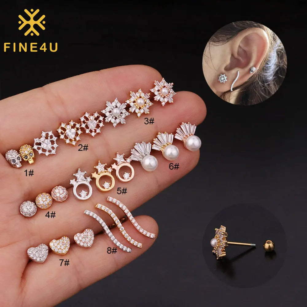 Women Girls Fashion Jewelry Cz Stone Piercing Cartilage Skull Pearl Heart Cubic Zirconia Stud Earring