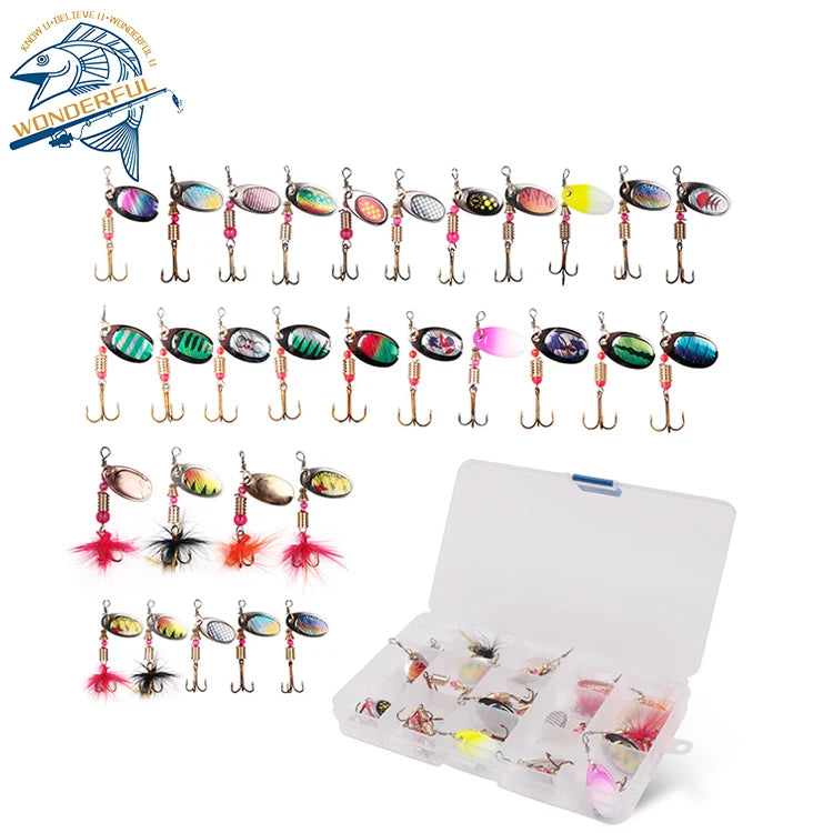 Hot Selling 30pcs Artificial Hard Metal Spoon Sequins Sinking Spinner Bait Fishing Lures Set With Box