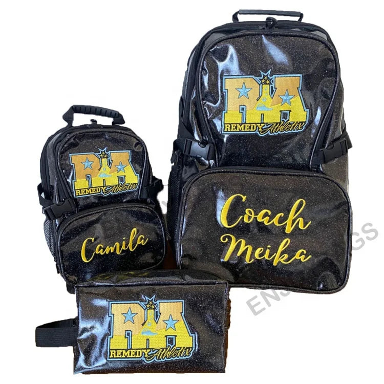 Black Waterproof Anti-Theft Fashion Cheer Oxford Backpack Polyester Sports Zipper Closure 36-57L Capacity Glitter Design