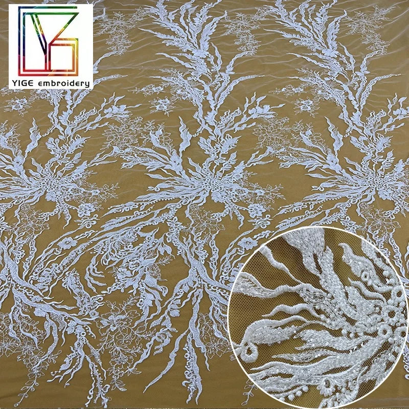 2023 New Design African Beads Lace Wedding Fabric French Bridal Dresses White Embroidered Tulle Crystal Sequin Lace