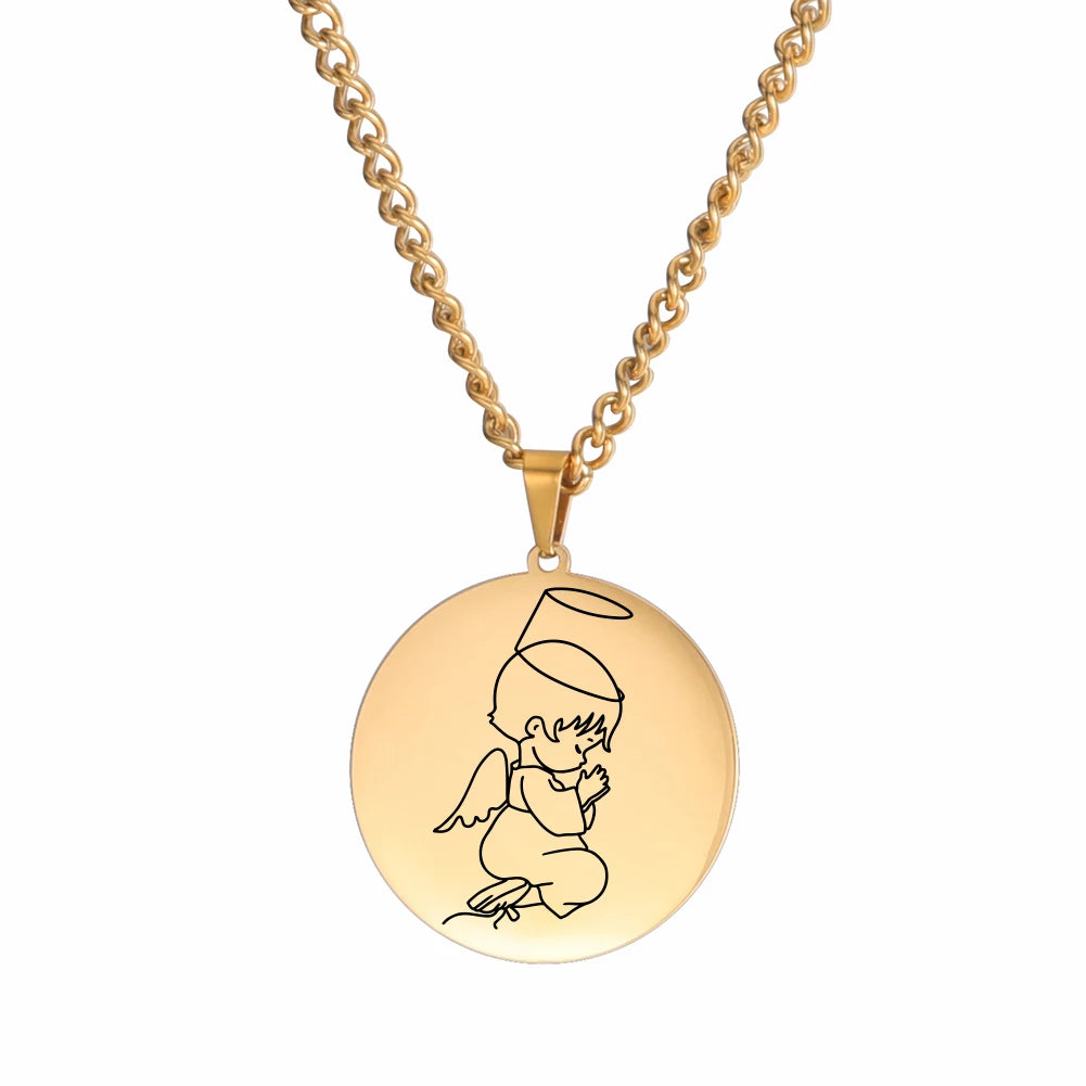 Angel Star Moon Necklace for Women Stainless Steel Round Pendant Necklaces Choker Link Chain Fashion Jewelry Collares 2021