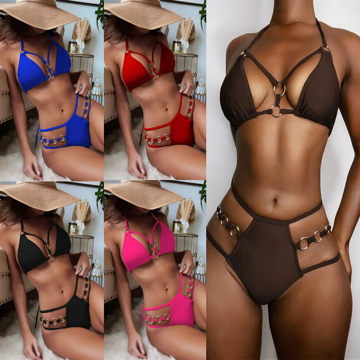 Triangle Bikini Solid Bikini Women's Split Swimsuit Triangle Steel Ring Bikini
