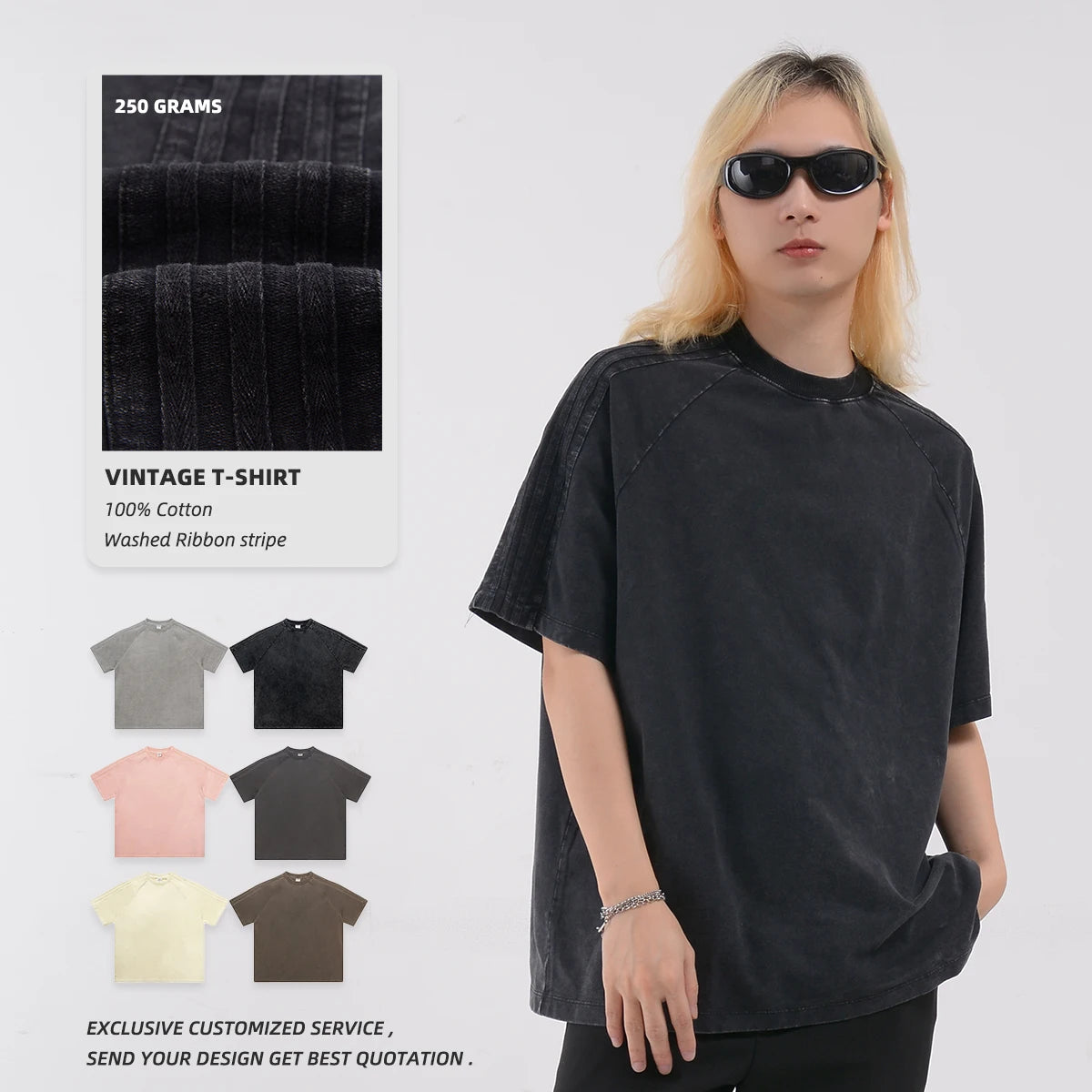 2024 New Men's Loose Fit Short Sleeve T-Shirt American Retro Cotton Two Ribbon Stripes Print Washed Knitted Casual Style