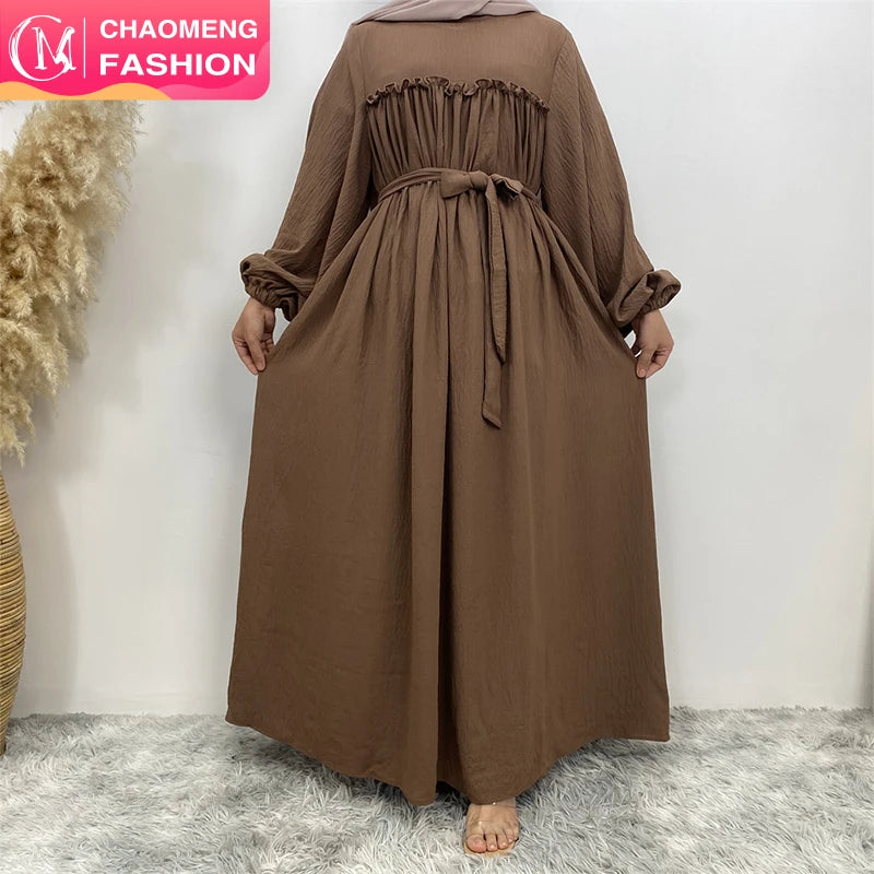 6694# Latest Abaya Muslim Dresses Dubai Wrinkle Crepe Back Zipper With Pockets and Belt Turkish Evening Dress for Women