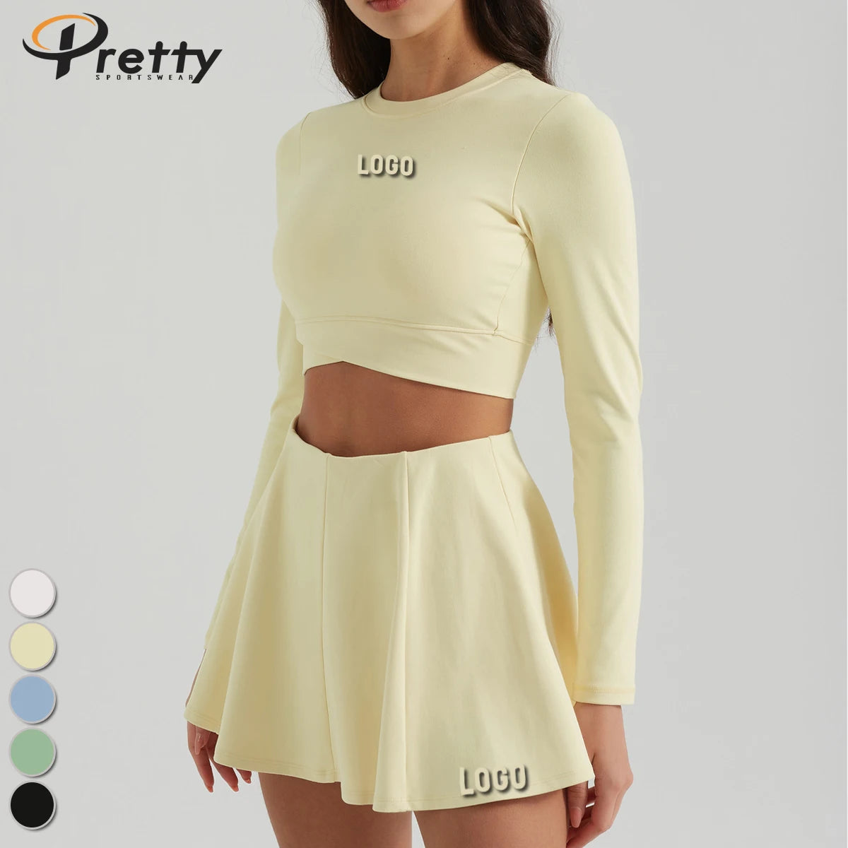 2 Pcs Women's Sets Slim-fit Sportswear Yoga Top With Chest Pad Breathable Low Waist Tennis Skirts Slimming Yoga Wear