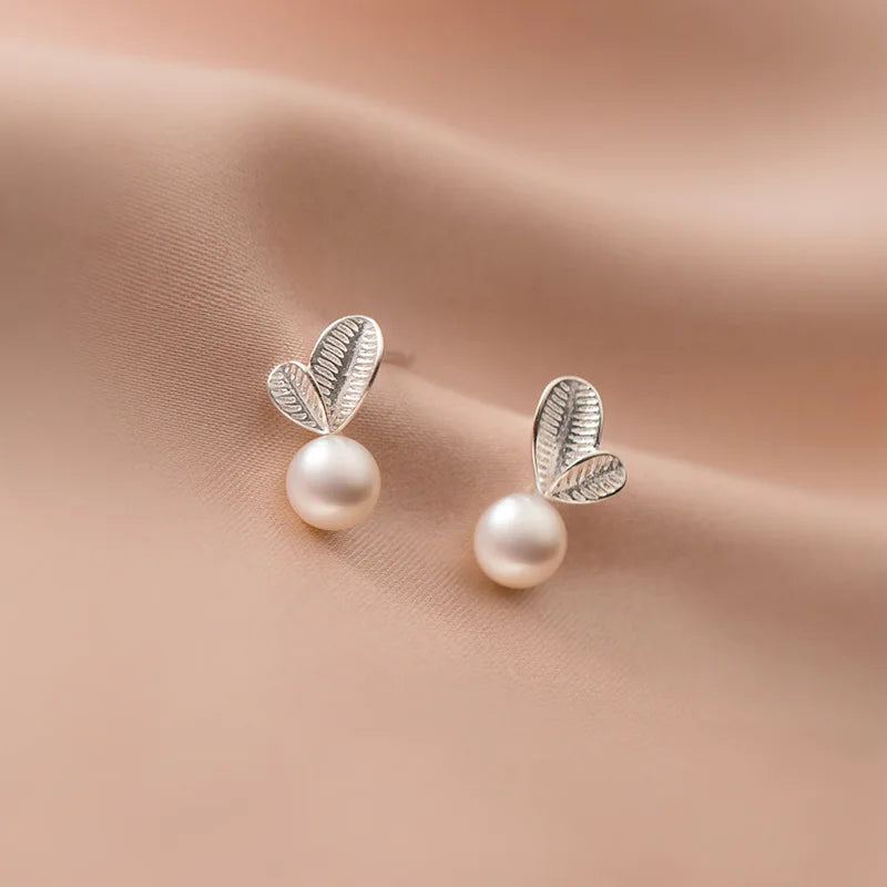 S925 Sterling Silver Pearl Earrings Lovely Sweet Bud Leaf Stud Earrings Fashion Jewelry Earrings Women Wholesale