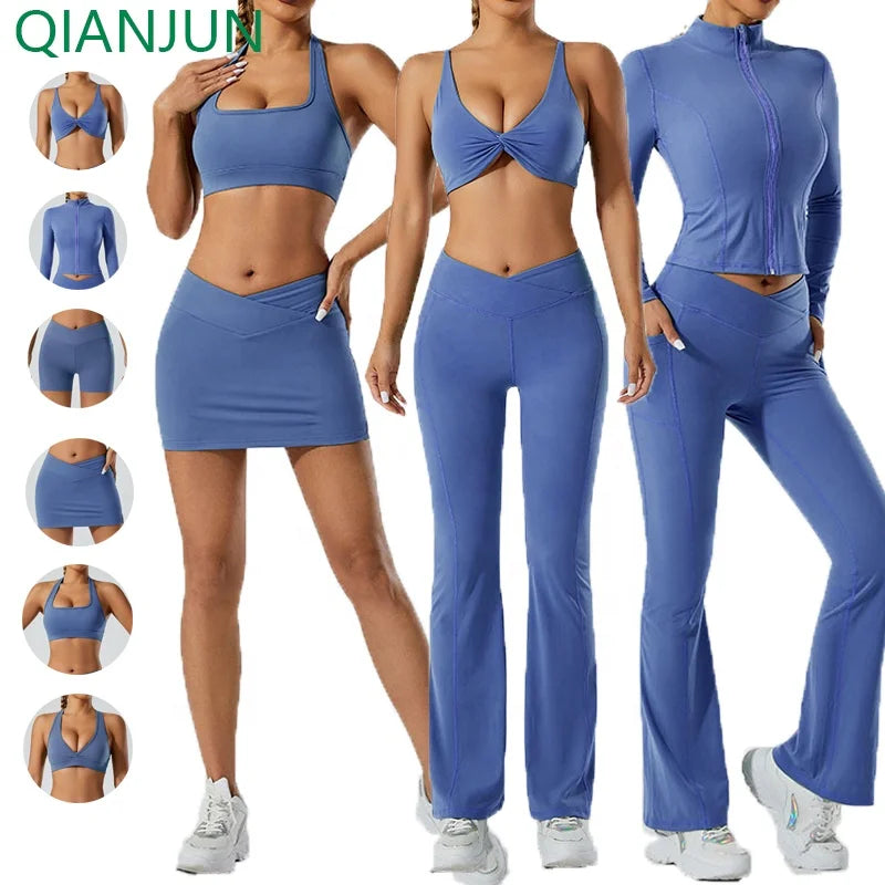 Wholesale 7 Piece Yoga Wear for Women Gym Fitness Vest Crop Top and High Waist Leggings Workout Skirt Yoga Set