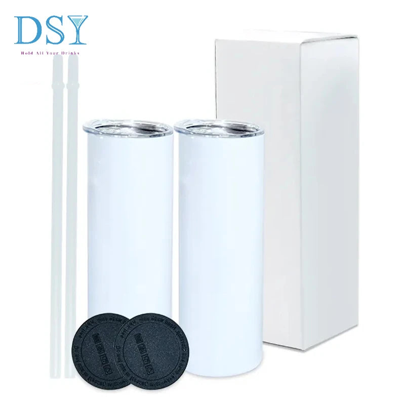 USA Warehouse Stock White 20oz Straight Skinny Sublimation Blanks Stainless Steel Tumblers Cups with Straw and Rubber Bottom