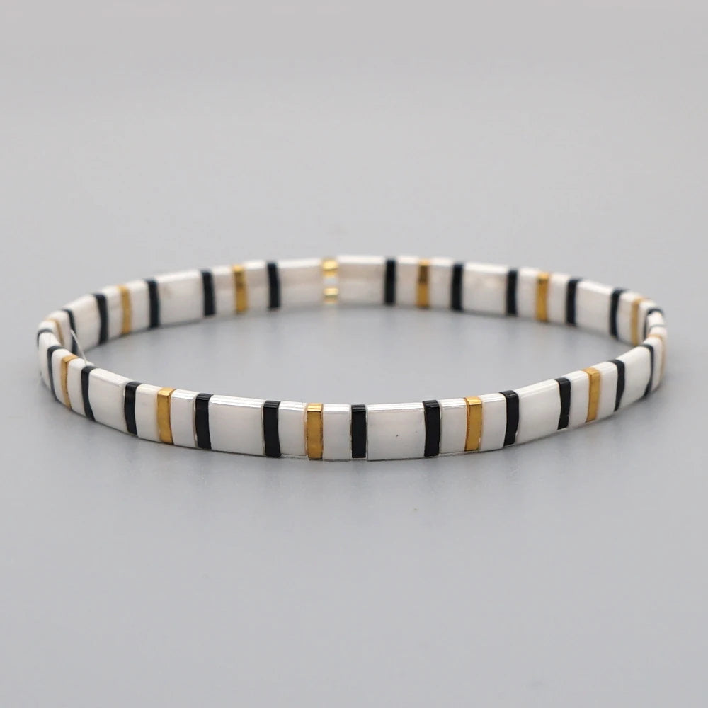 Go2Boho Miyuki Tila Beads Enamel Stretch Bracelet Black and White Color Gold Plated Beaded Bracelets New Fashion Wholesale