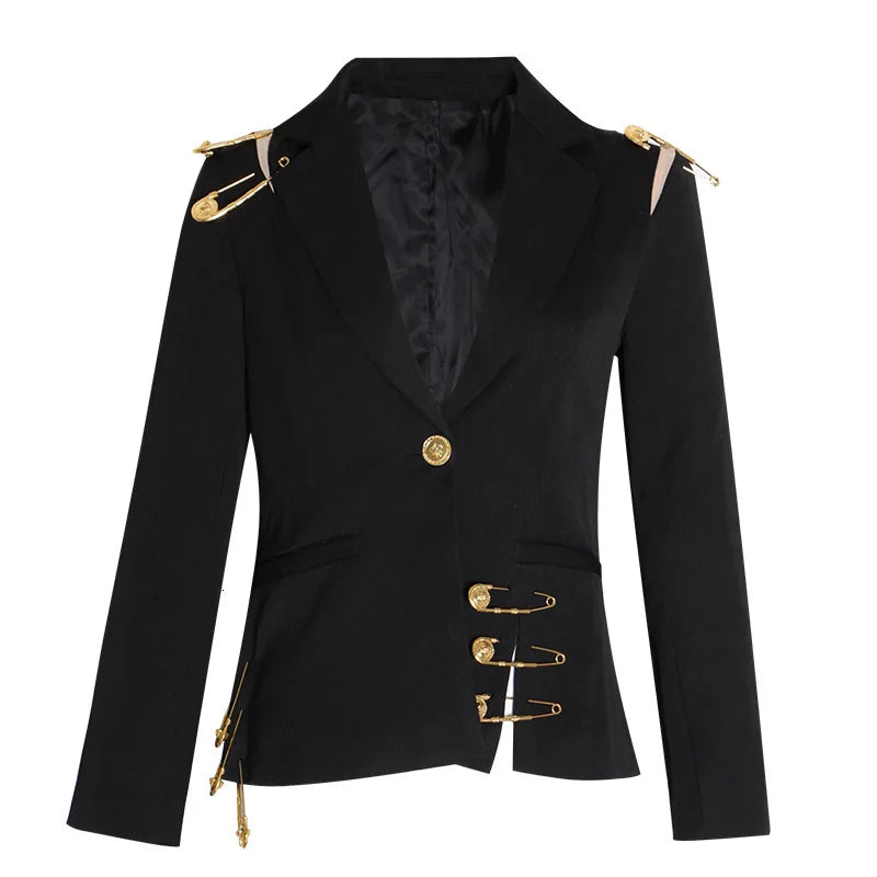 2025 Autumn European Style Women's Slim-Fit Breathable Solid Blazer Long-Sleeved with Shoulder Mesh Stitching Button Decoration
