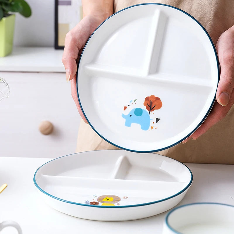 Creative Ceramic Cartoon Home Divided Meal Plate  and Cup Three Grid Plate Breakfast Plate