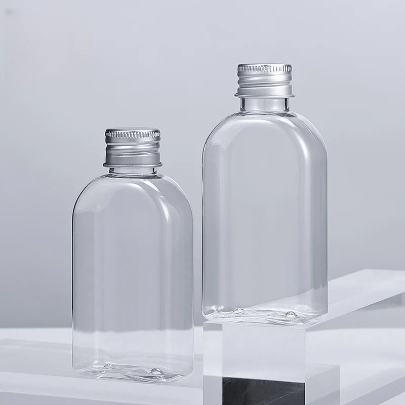 Custom Food Grade PET Plastic Juice Bottle Flat Shape Beverage Milk Tea Coffee Soda Bottle Packaging with Aluminum Screw Cap