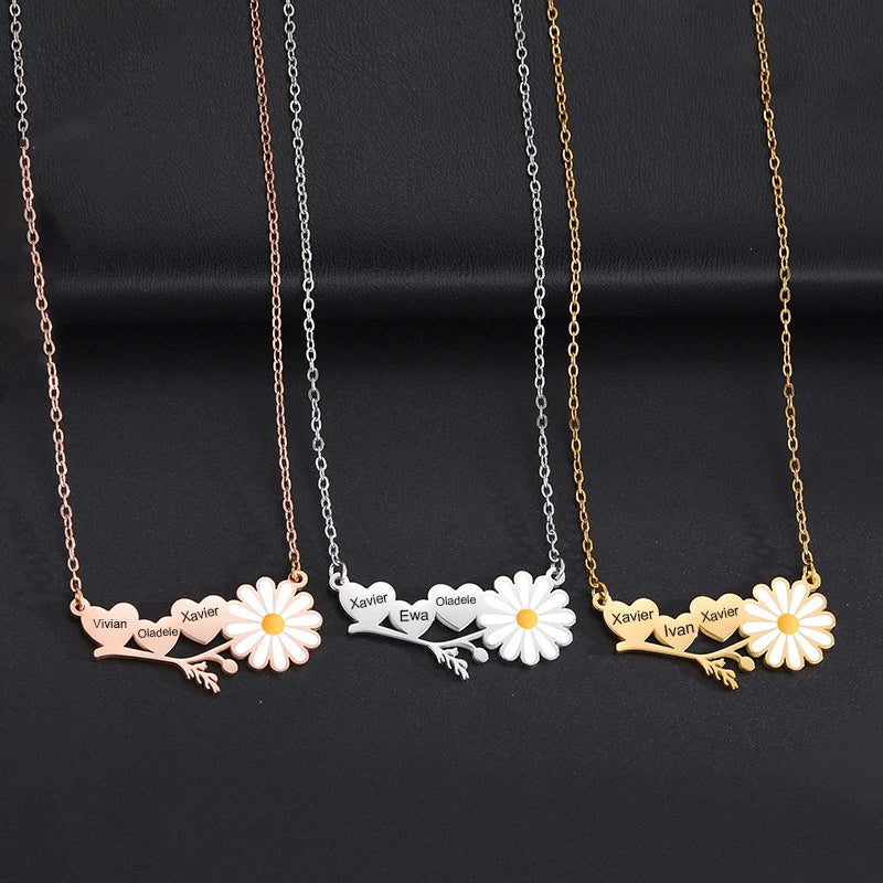 G3971 Wholesale Custom Name Necklace Stainless Steel Gold Plated Personalized Heart Daisy Flower Necklace