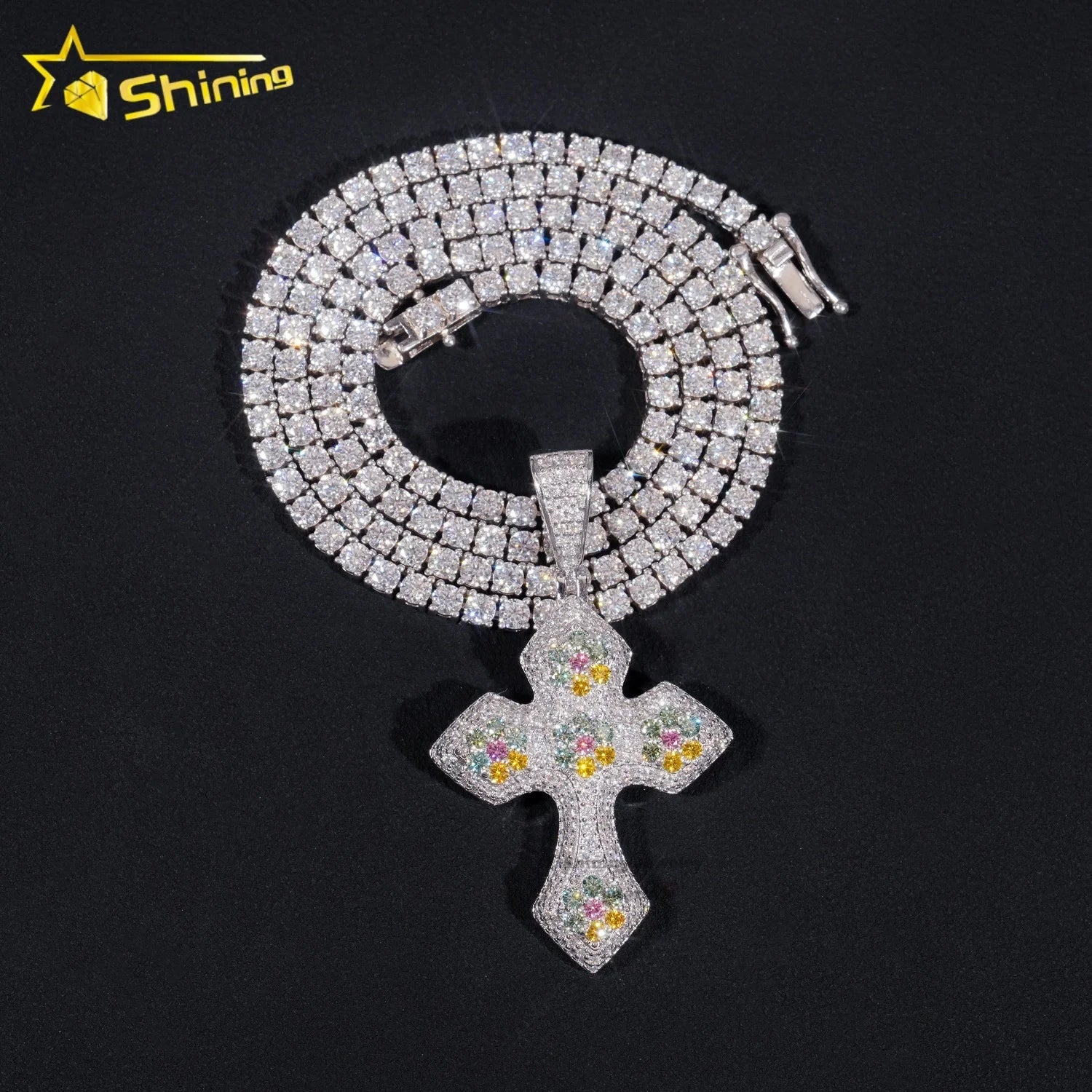 Popular Stylish Pass Diamond Tester Iced Out 925 Silver Color Moissanite Cross Pendant Iced Out for Unisex