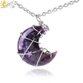 CSJA Wholesale Handmade Wire Wrapped Natural Stone Amethyst Rose Quartz Crescent Moon Charms Pendant Necklace H010