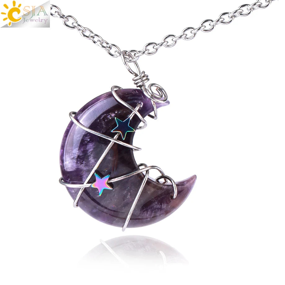 CSJA Wholesale Handmade Wire Wrapped Natural Stone Amethyst Rose Quartz Crescent Moon Charms Pendant Necklace H010