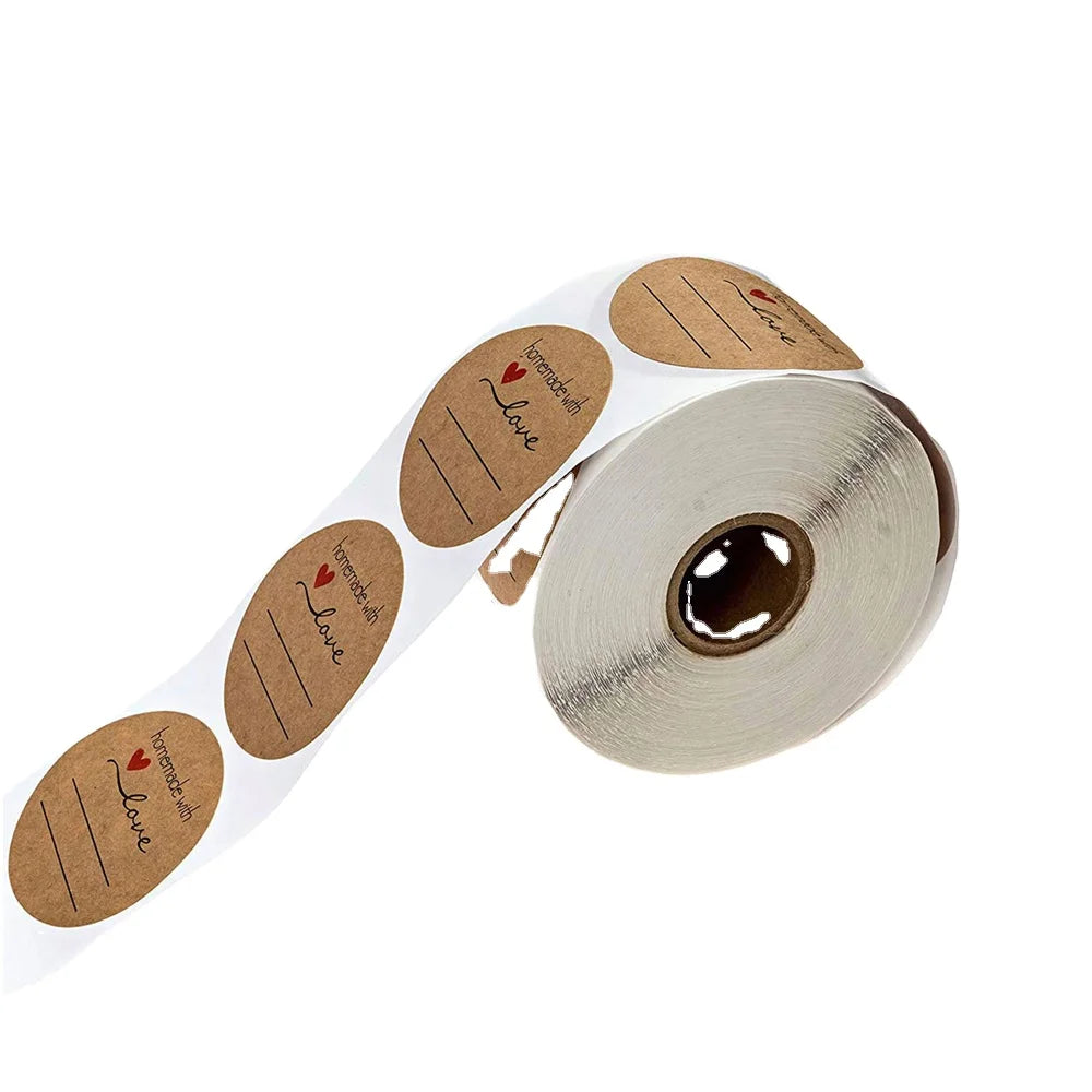 Handmade with Love 500 Adhesive Labels Per Roll Round Natural Kraft Paper Stickers for Household Products