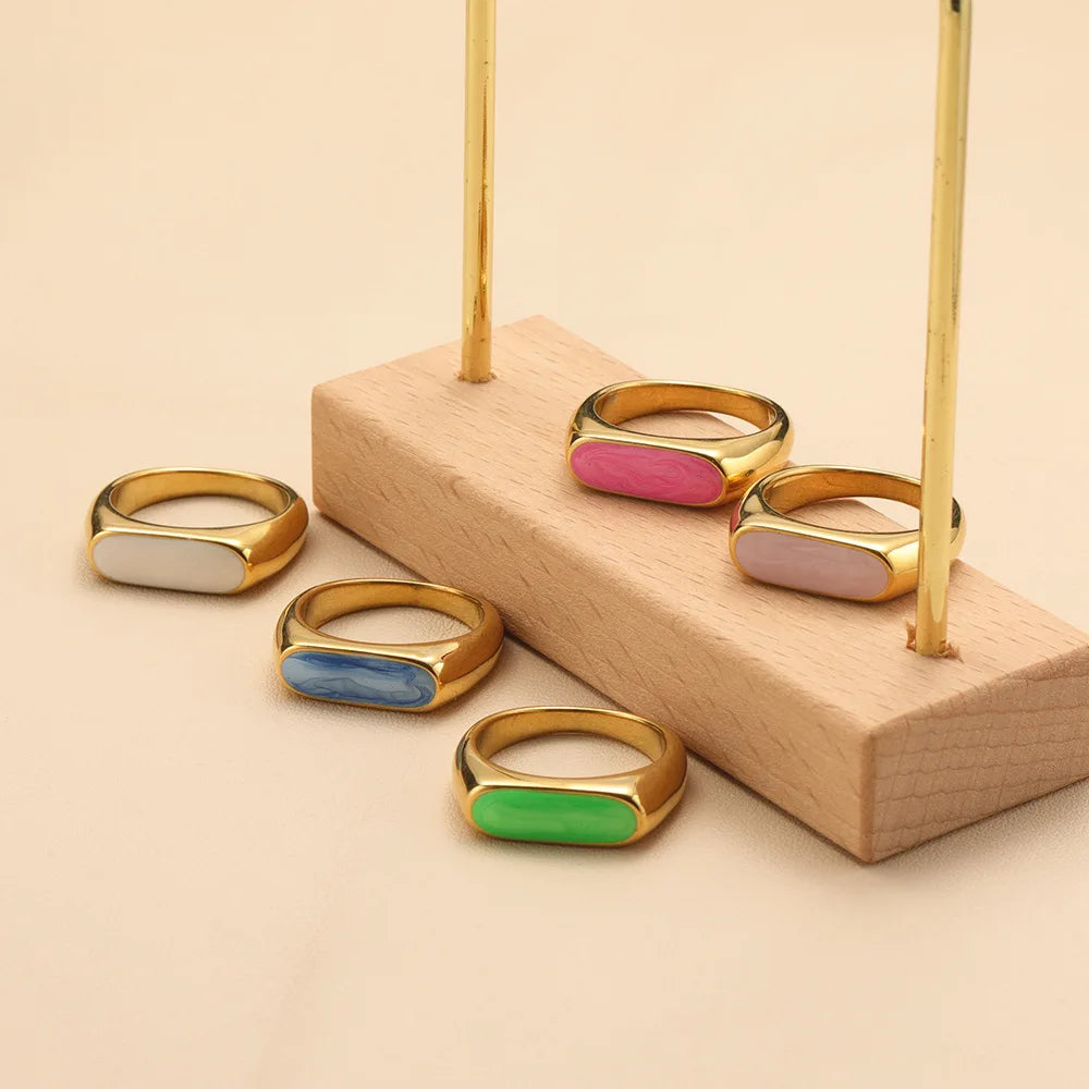 YF3515 New Arrival Waterproof Tarnish Jewelry Minimalist 18k Gold Plated Stainless Steel Colorful Enamel Rings Women