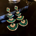 Vintage Women's Statement Earrings Oversize Green Crystal Drop Fan Shape Long Sector Geometric Dangle for Wedding Party Alloy