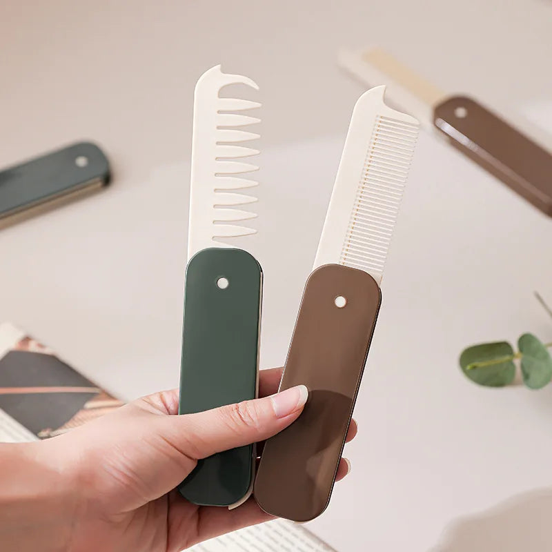 Simple Style 2 in 1 Multifunction  Wide Tooth Beard Comb  Folding Portable CombAnti-static Hair Brush Travel Barber Shop Gift