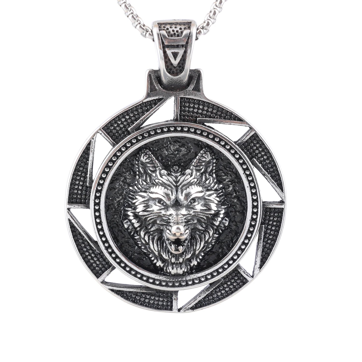 Stainless Steel Mens Vintage Norse Viking Runes Fenrir Wolf Head Pendant Necklace for Men Women Nodic Mythology Animal Pendant