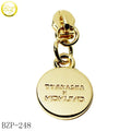 Eco-friendly Handbag Accessory Brand Zipper Charms Gold Plated Round logo Metal Zipper Tags for Women Shoes