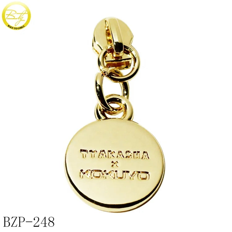 Eco-friendly Handbag Accessory Brand Zipper Charms Gold Plated Round logo Metal Zipper Tags for Women Shoes