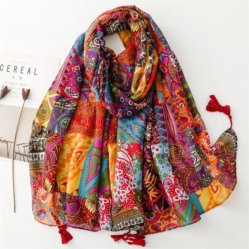 2025 Spring/Summer Collection Thin Blue Tie Dyeing Effect Scarf Hand Drawn Balinese Yarn Tassel Breathable Polyester Women's