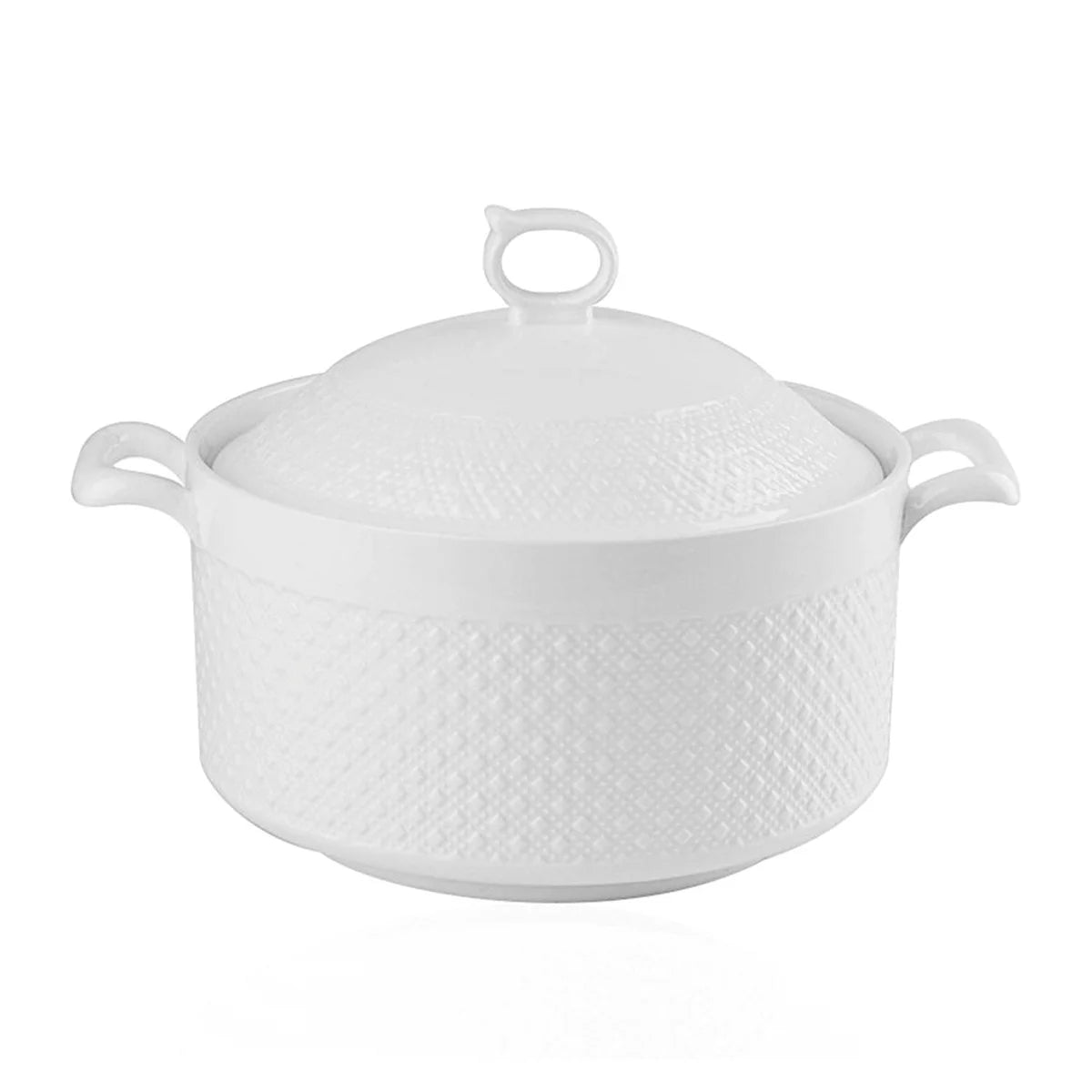 Wholesale Embossed White Ceramic Soup Pot and Tureen with Lid and Handle 3600ml Serving Bowl