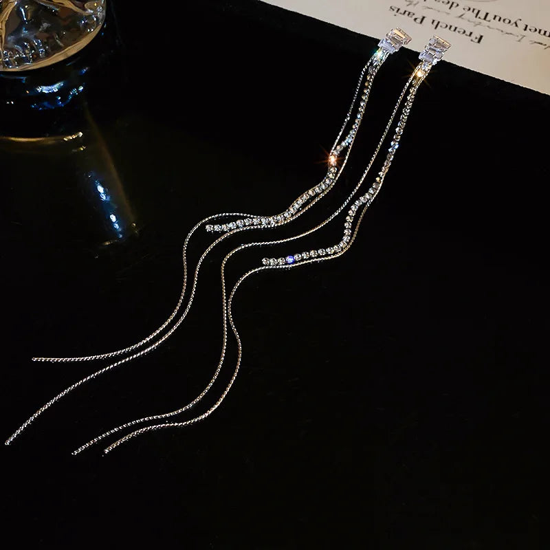 925 Silver Needle Long Tassel Zircon Earrings Zircon Inlaid Diamond Long Tassel Earrings Luxury Temperament Earrings for Women