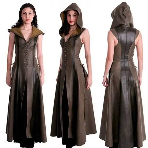 S-2XL Plus Size Women Cosplay Hooded Archer Costume Leather Long Dress Sleeveless Medieval Women Costume Warrior Suit Ecoparty