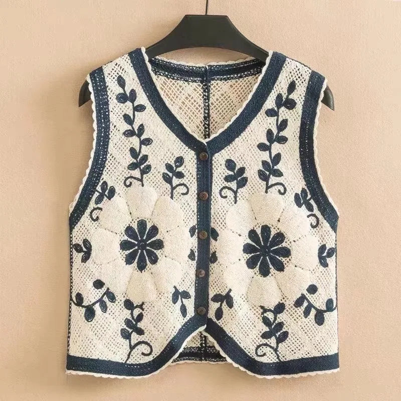 Spring Fall Autumn High Quality Women's V Neck Sweater Vest With Embroidery Flowers Cozy Knit Vests Sweater Tops for Ladies