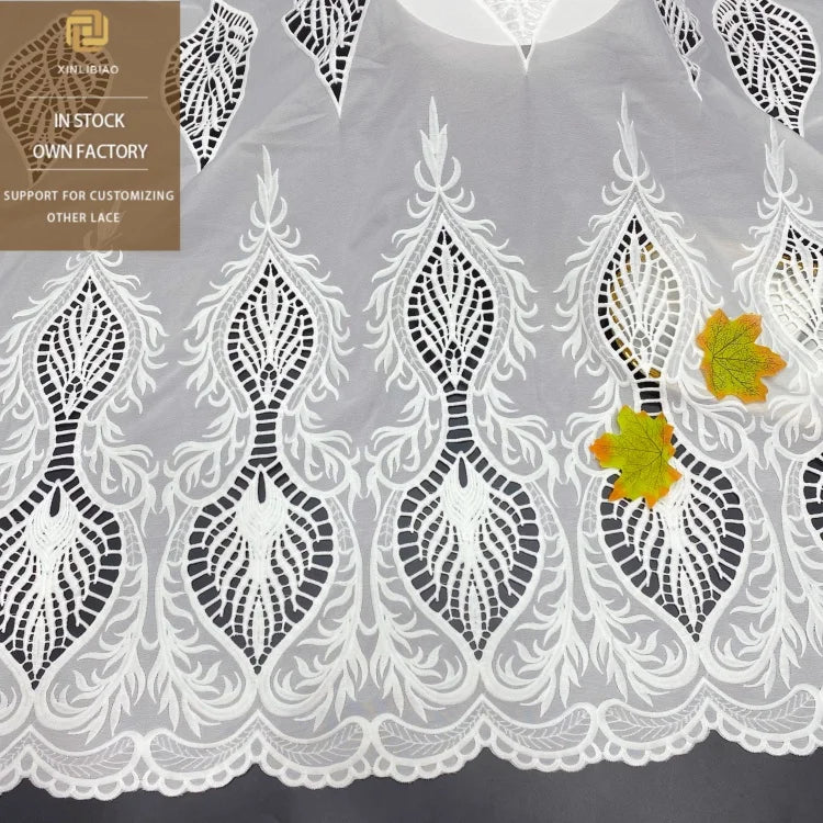 French Full Embroidery Lace Computer Laser Hollow Chiffon Dress Decoration Milk Silk Lace for Bags Direct Manufacturers Stock