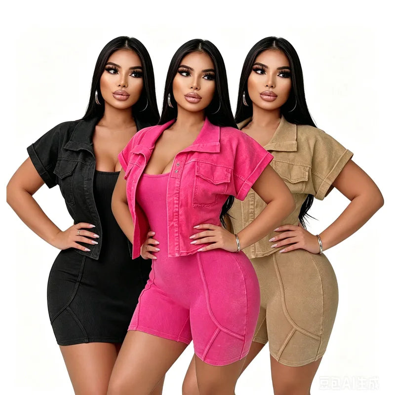 2026 Custom Logo Summer Casual Sets Washed Ribbed Jumpsuit and Short Sleeve Crop Top 2 Piece Sets Women Elegant Outfits