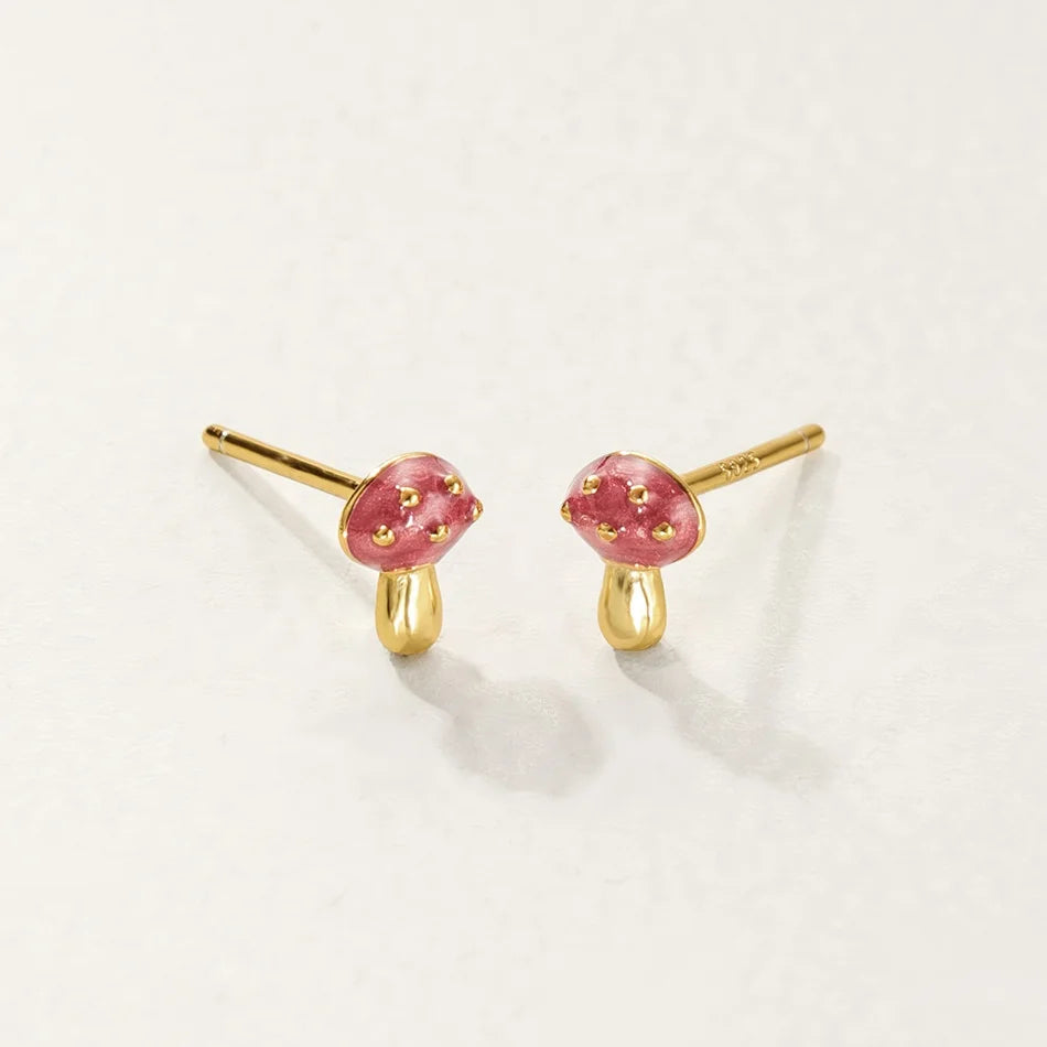 Nagosa Minimalist Jewelry Gold Vermeil 925 Sterling Silver Red Mushroom Mini Stud Earrings for Women