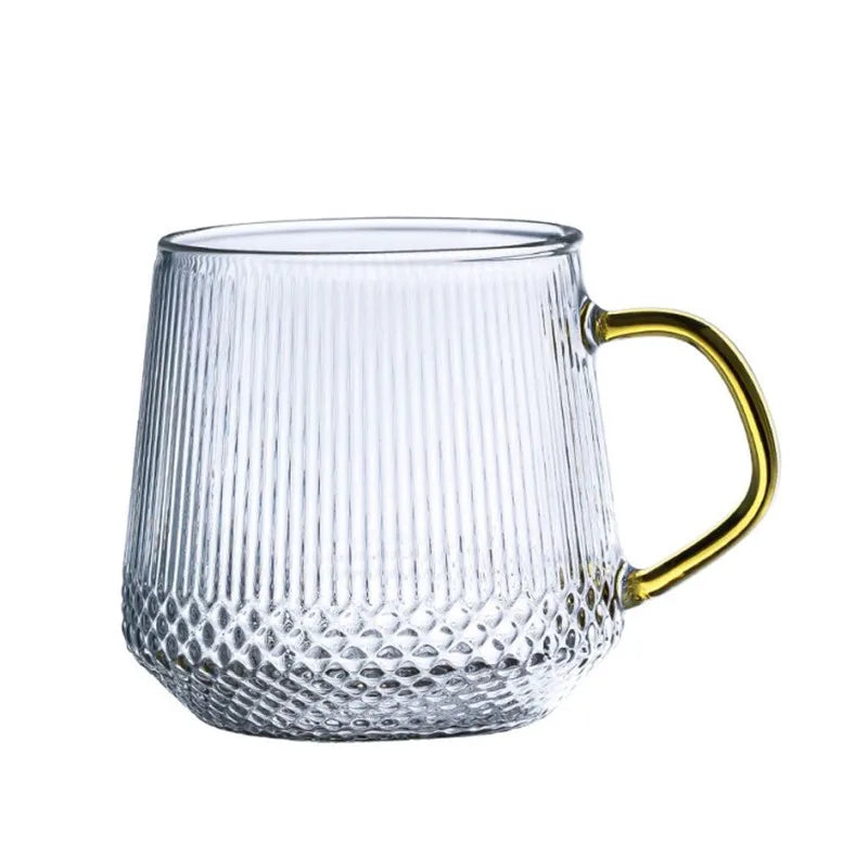 350ml 400ml  clear Vertical Fringe Ribbed Glass Coffee Mug Tea Water Cup with  Blue Gold Purple clear Handle Glass Cup