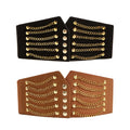 JULUN Women's Vintage PU Elastic Waist Belt with Gold Chain Studded Design 13cm Wide Retro Punk Accessory