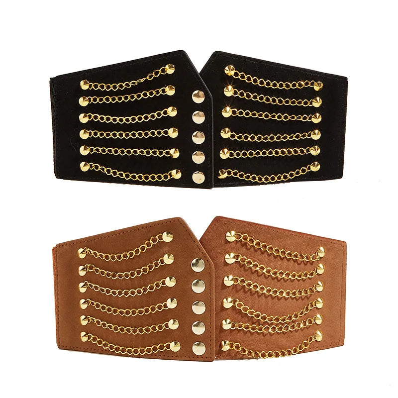 JULUN Women's Vintage PU Elastic Waist Belt with Gold Chain Studded Design 13cm Wide Retro Punk Accessory